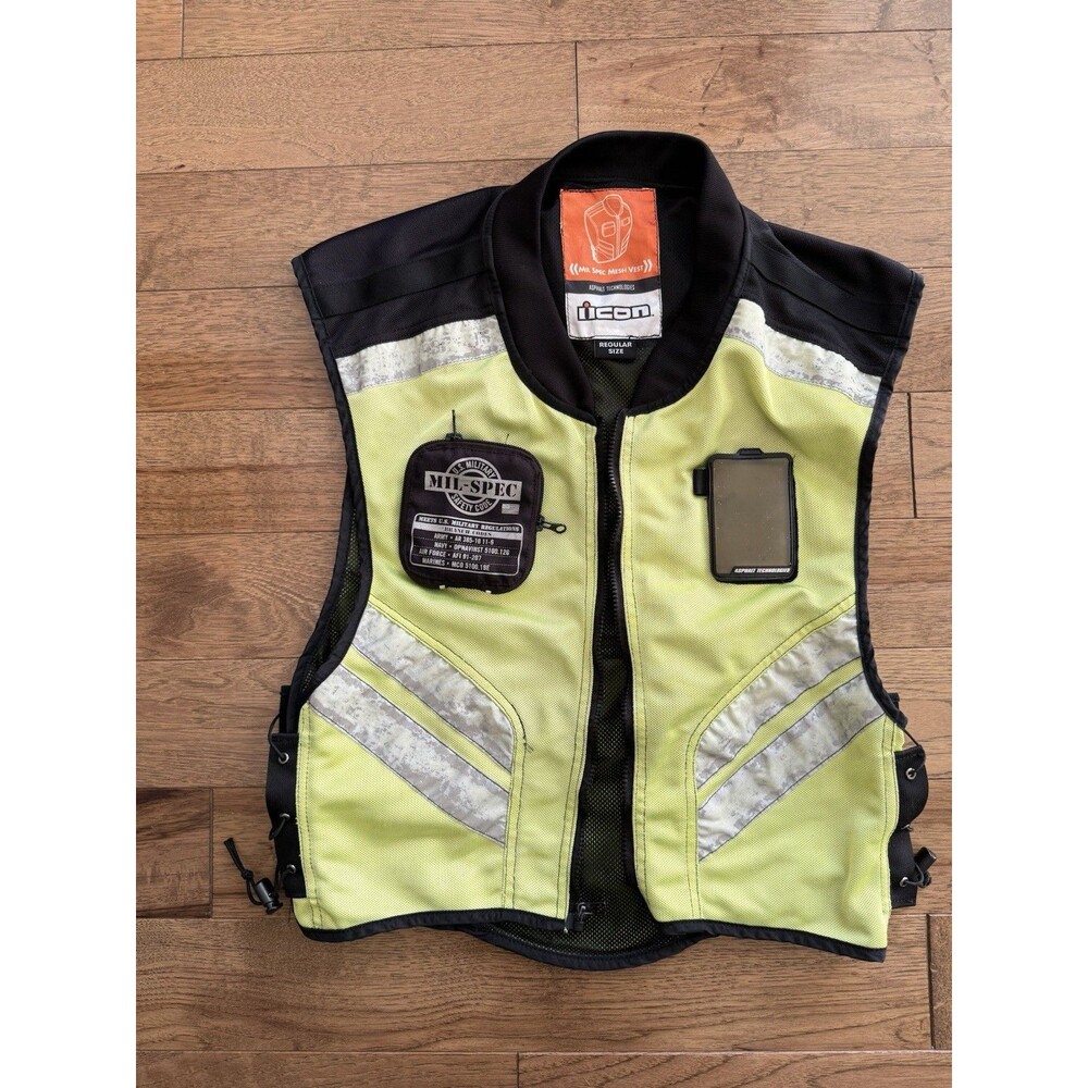 ICON Motorsports Mesh Mil Spec Vest Fluorescent Regular Size Yellow Distressed